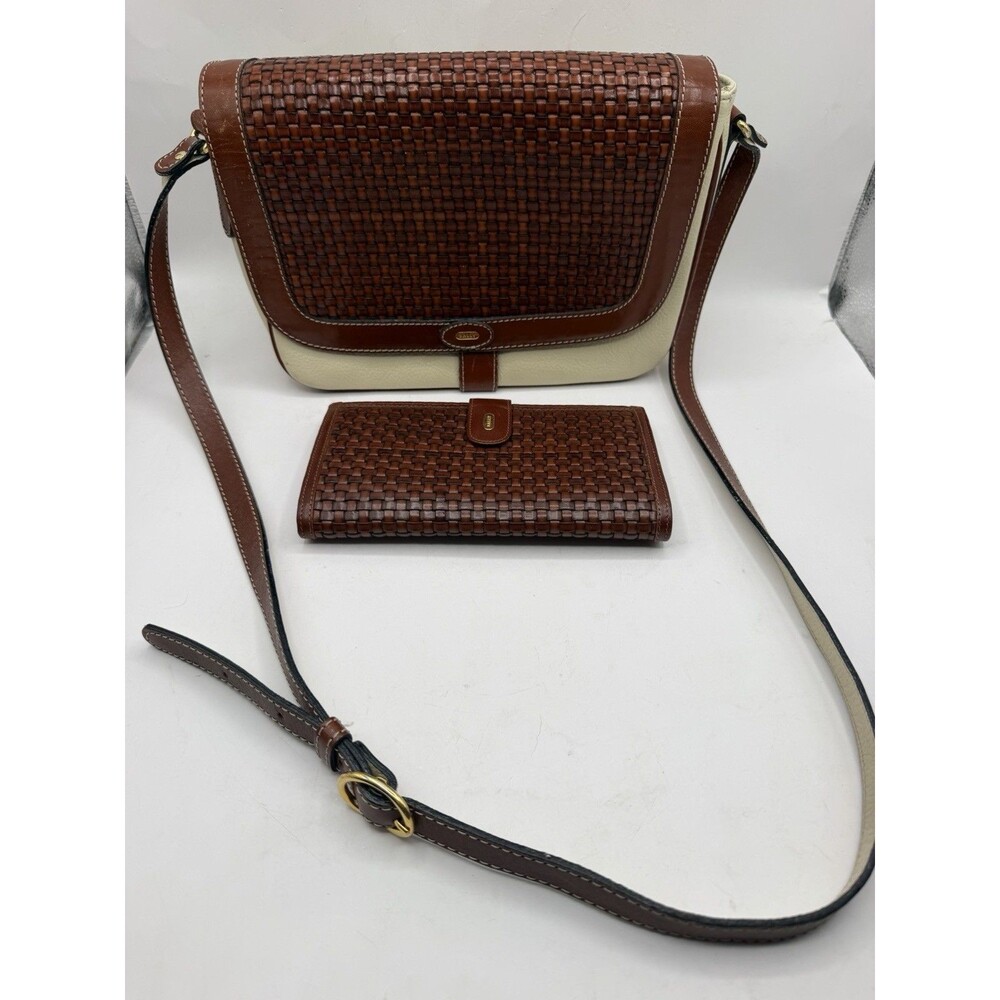 Vintage Bally Woven Leather Cream Colorblock Crossbody with Matching Wallet